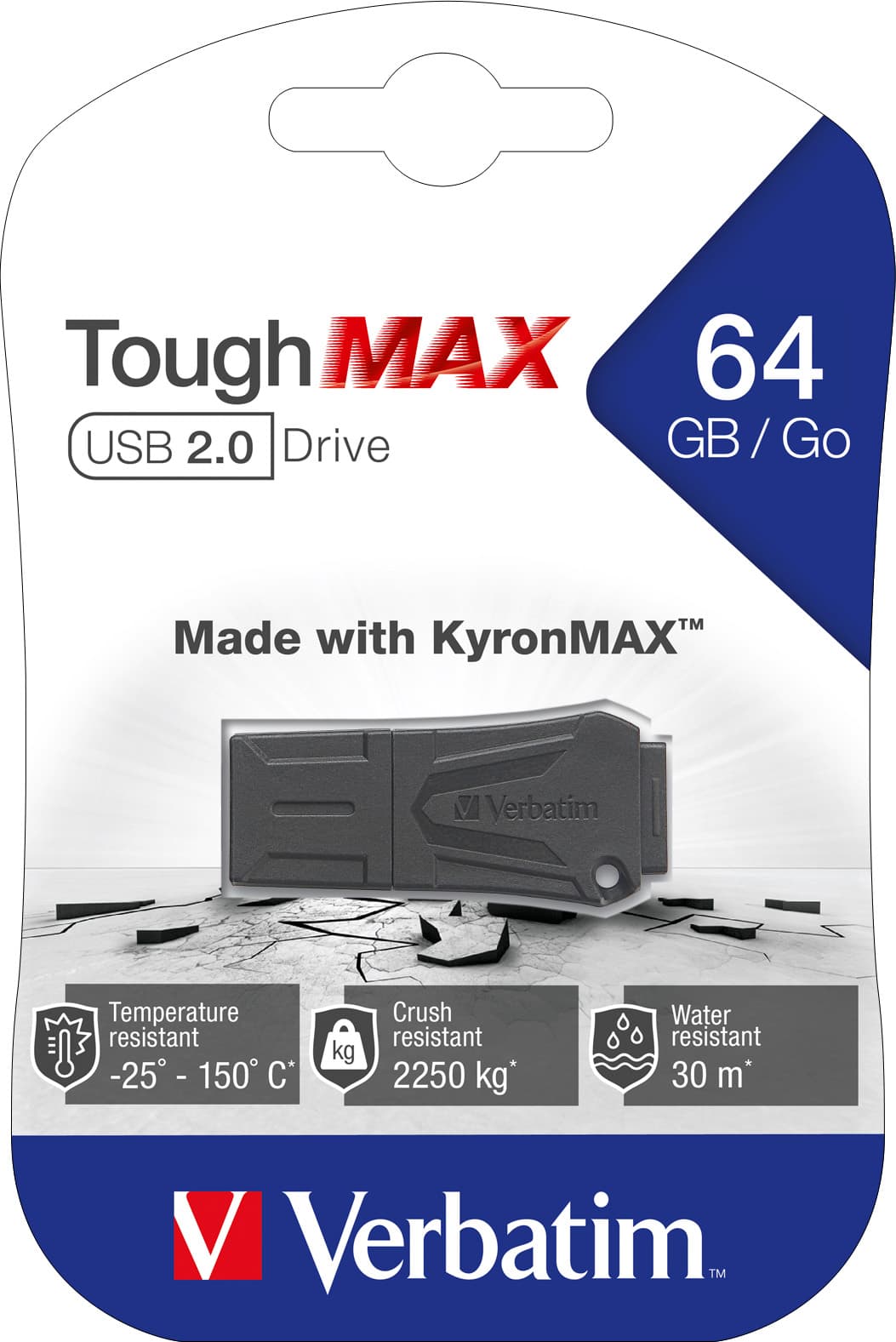 Clé USB 2.0 Verbatim 64 Go, ToughMAX, noir KyronMAX Thermo Protect, blister de vente au détail